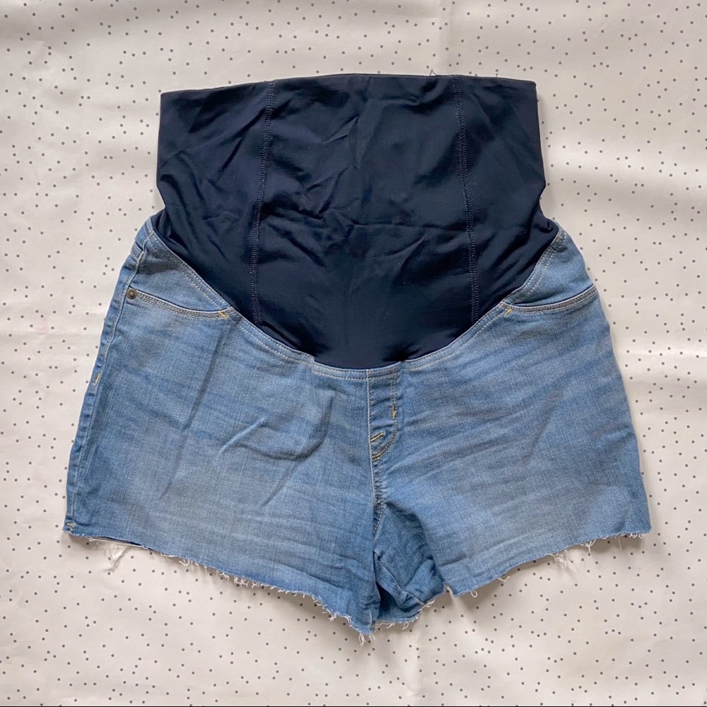 Maternity distressed midi denim shorts